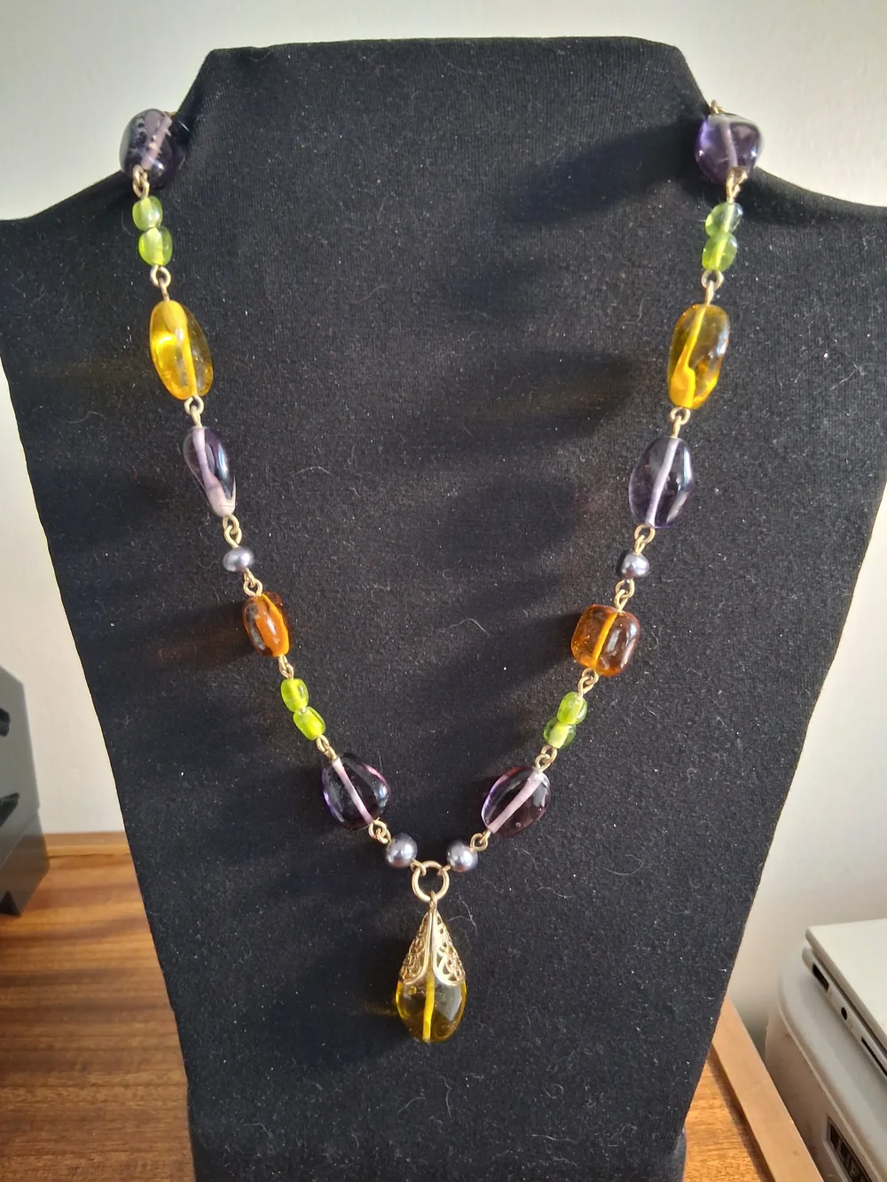 Multicolor Glass Bead Pendant Necklace - Elegant Yellow, Purple & Green